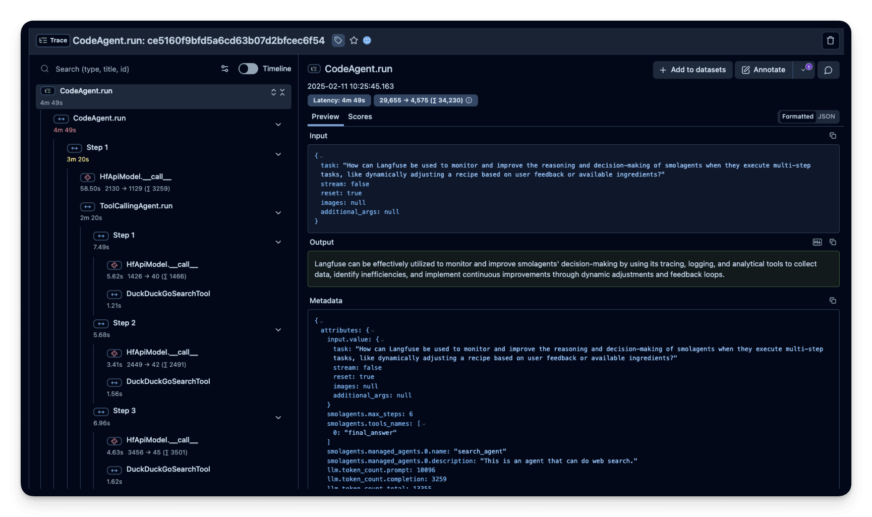 smolagents example trace